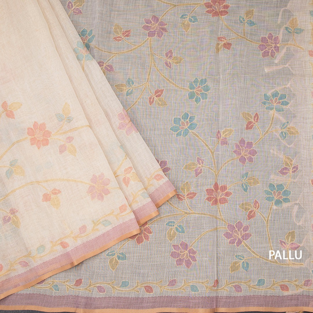 Linen Cream Saree With Painted Zari Thread Work 02