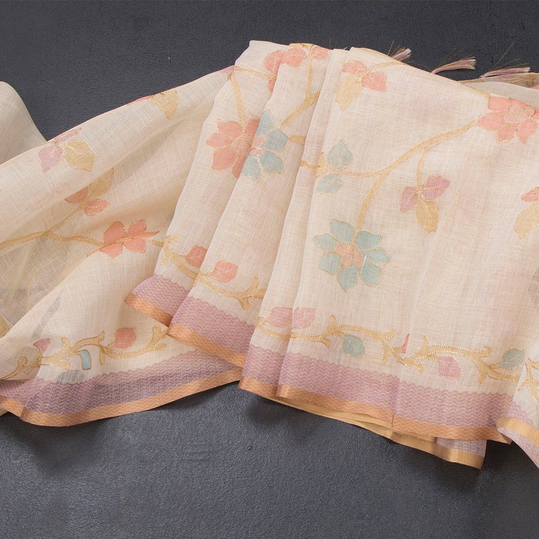 Linen Cream Saree With Painted Zari Thread Work 02