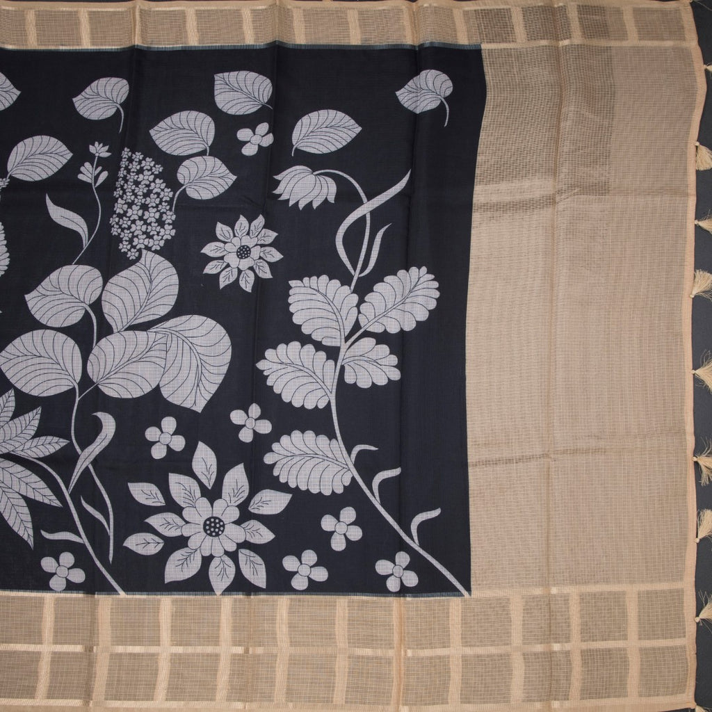 Kota Black Floral Printed Saree And Zari Checked Border 03