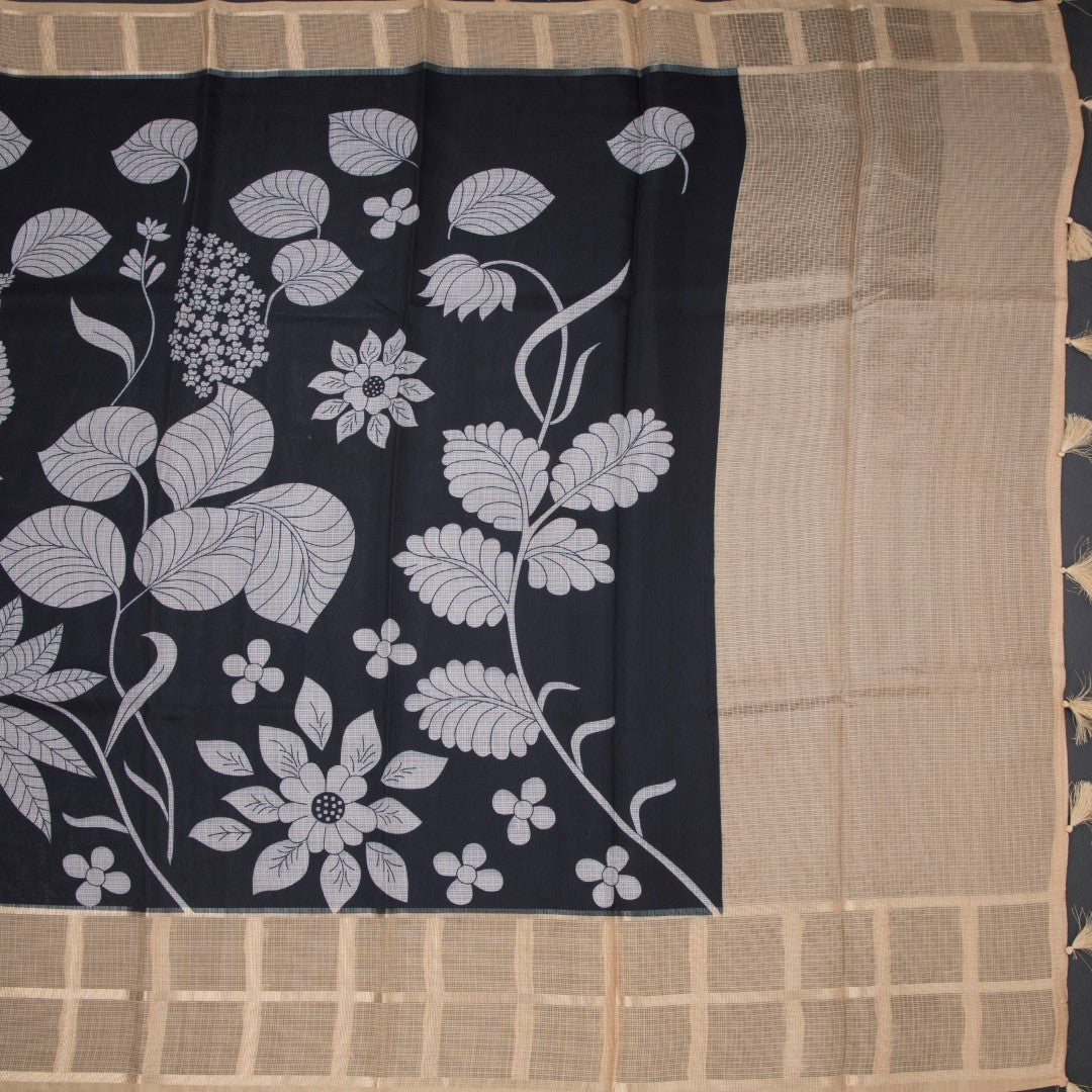 Kota Black Floral Printed Saree And Zari Checked Border 03