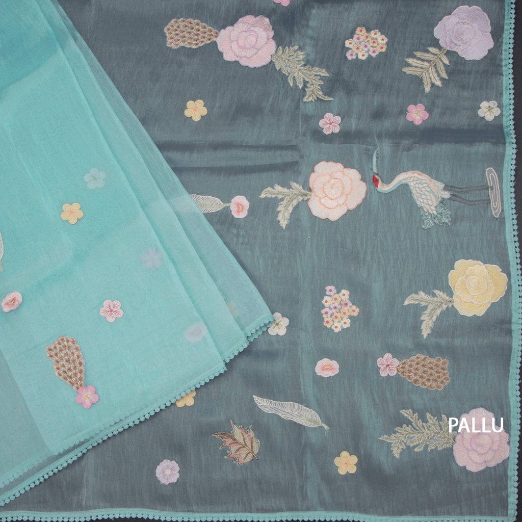 Soft Tissue Sky Blue Thread Work Saree