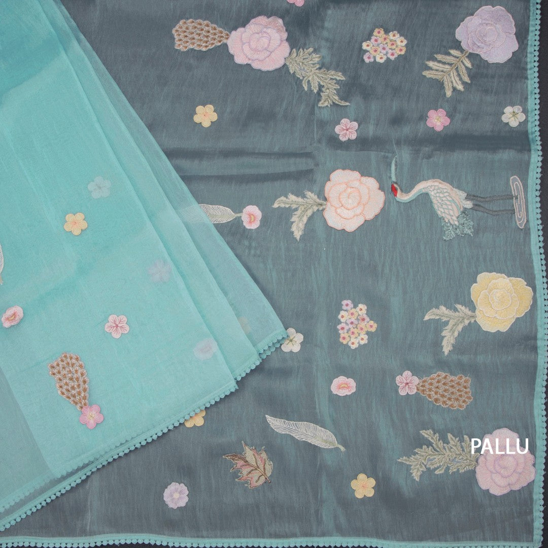 Soft Tissue Sky Blue Thread Work Saree
