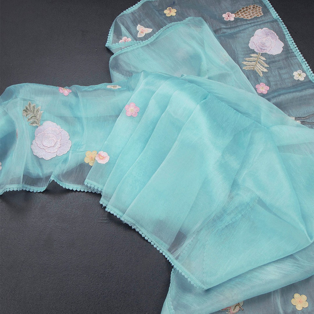 Soft Tissue Sky Blue Thread Work Saree