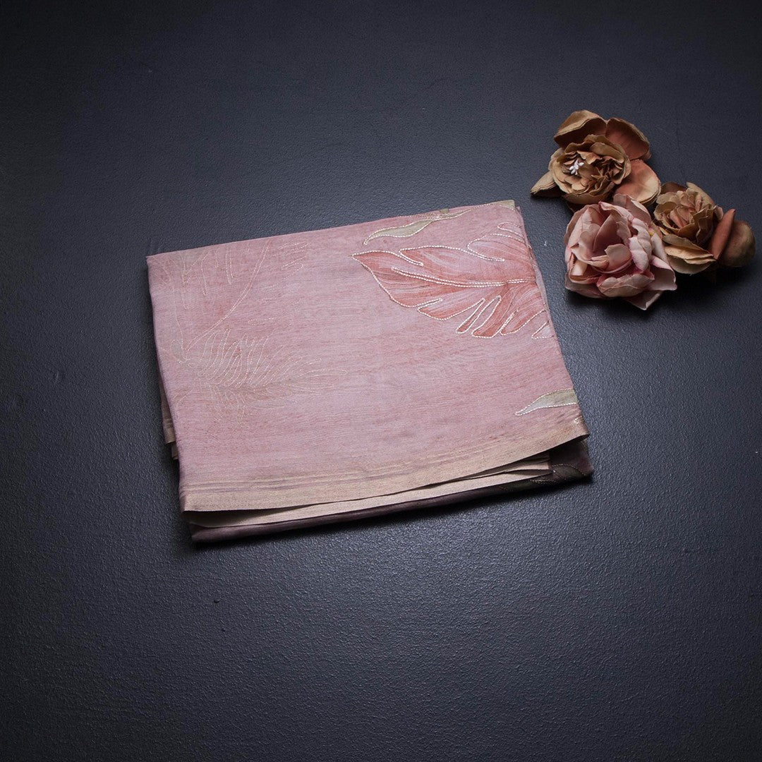 Organza Light Peach Leaf Printed With Zari Thread Work Saree