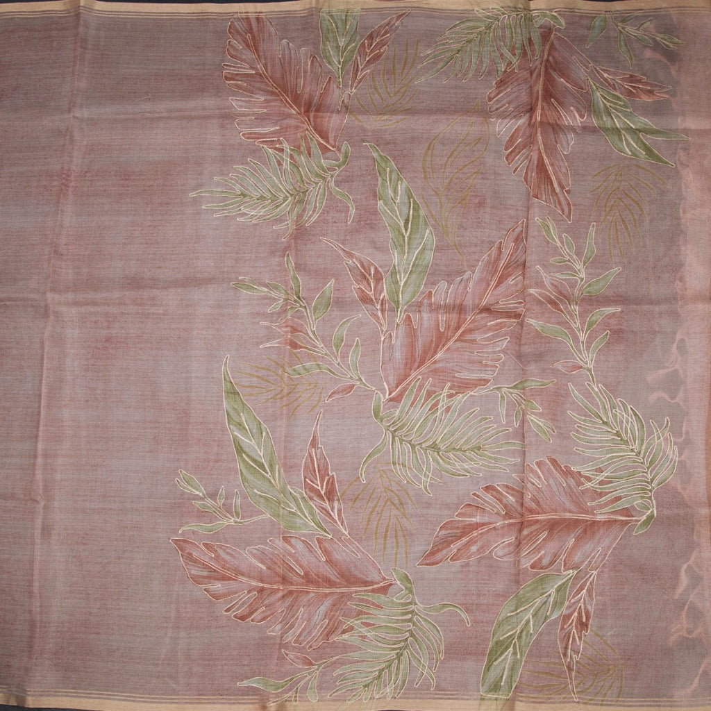 Organza Light Peach Leaf Printed With Zari Thread Work Saree