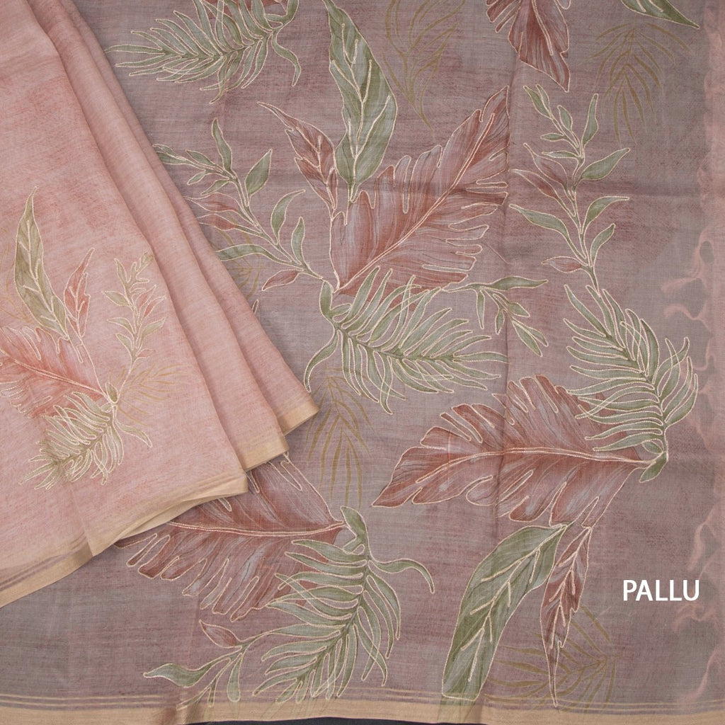 Organza Light Peach Leaf Printed With Zari Thread Work Saree