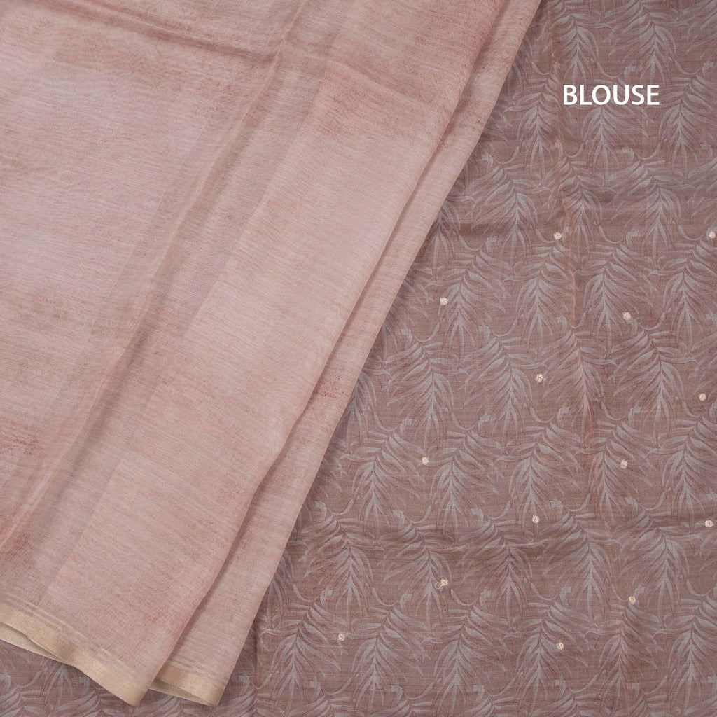 Organza Light Peach Leaf Printed With Zari Thread Work Saree