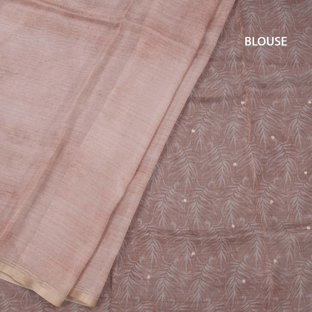 Organza Light Peach Leaf Printed With Zari Thread Work Saree