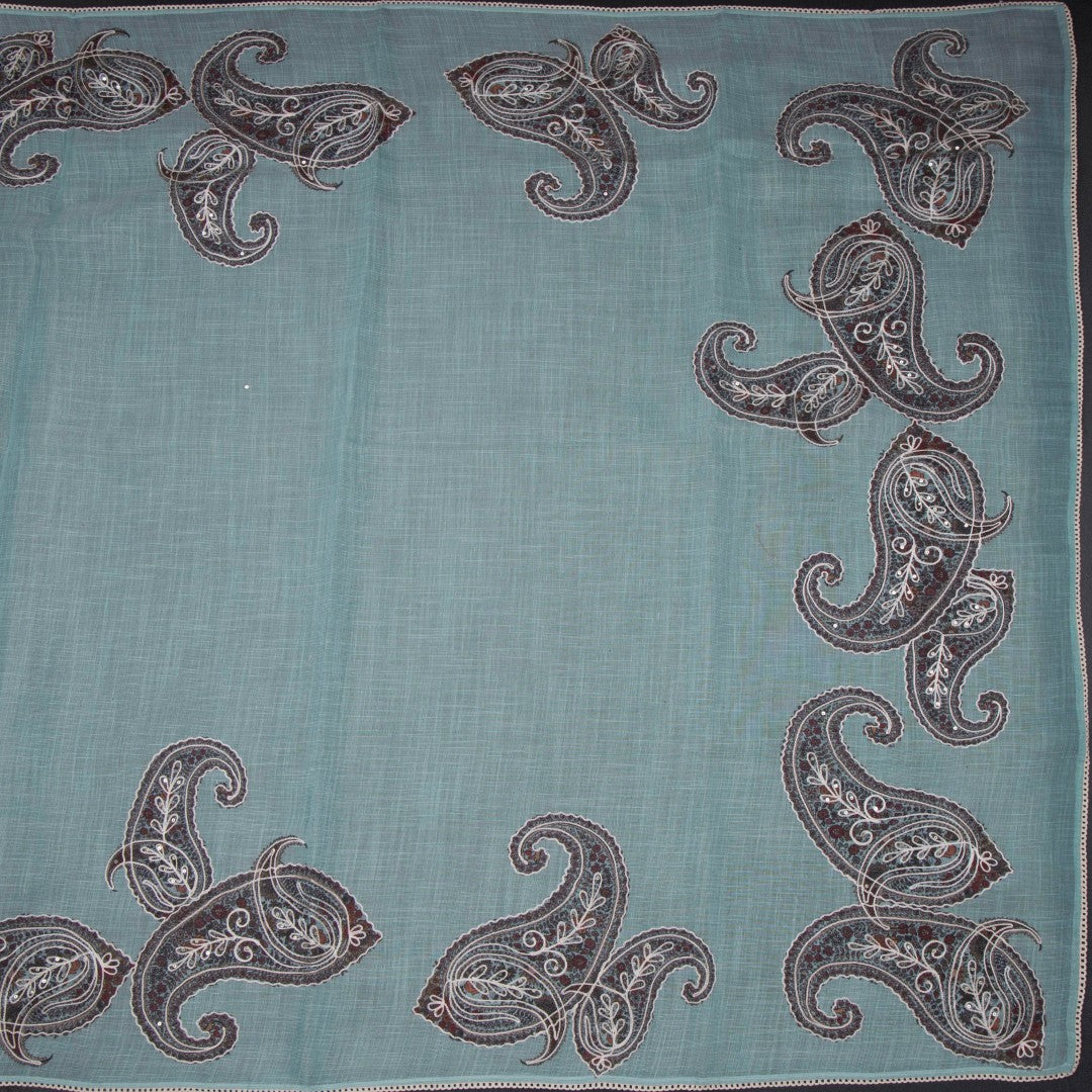 Linen Sea Green Borderless Thread Work Saree With Paisley Design