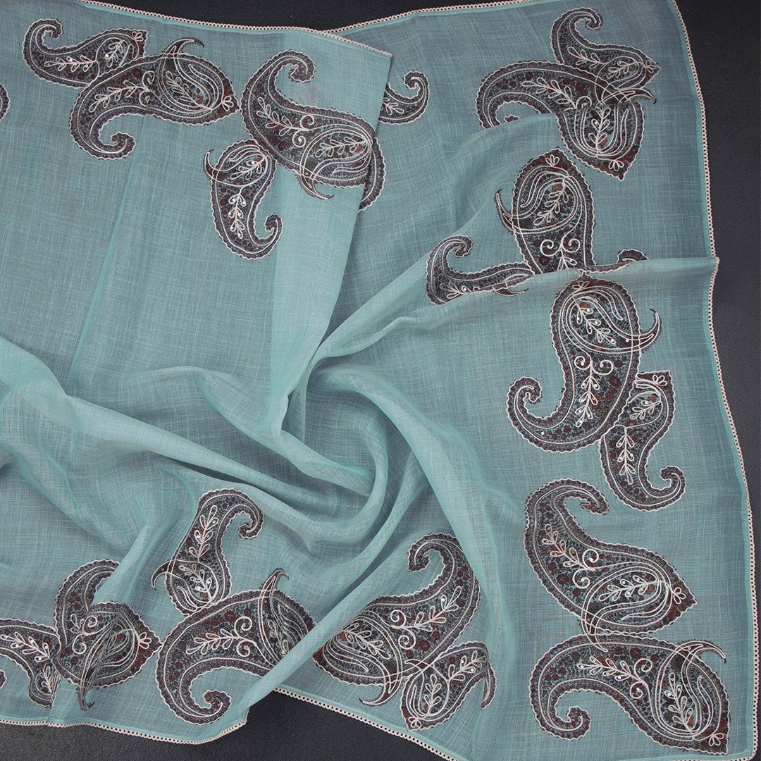 Linen sea green borderless saree with intricate thread work and paisley design, featuring elegant craftsmanship by Shriyara Life.