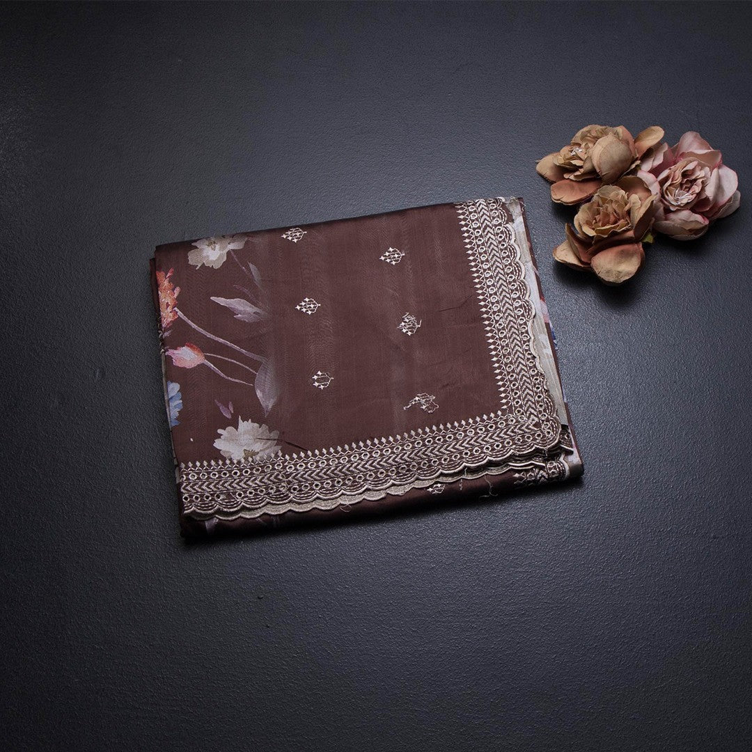 Raw Silk Dark Brown Floral Printed Saree And Thread Cut work Border