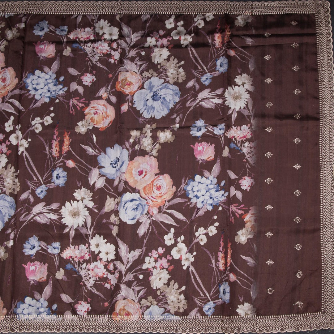 Raw Silk Dark Brown Floral Printed Saree And Thread Cut work Border