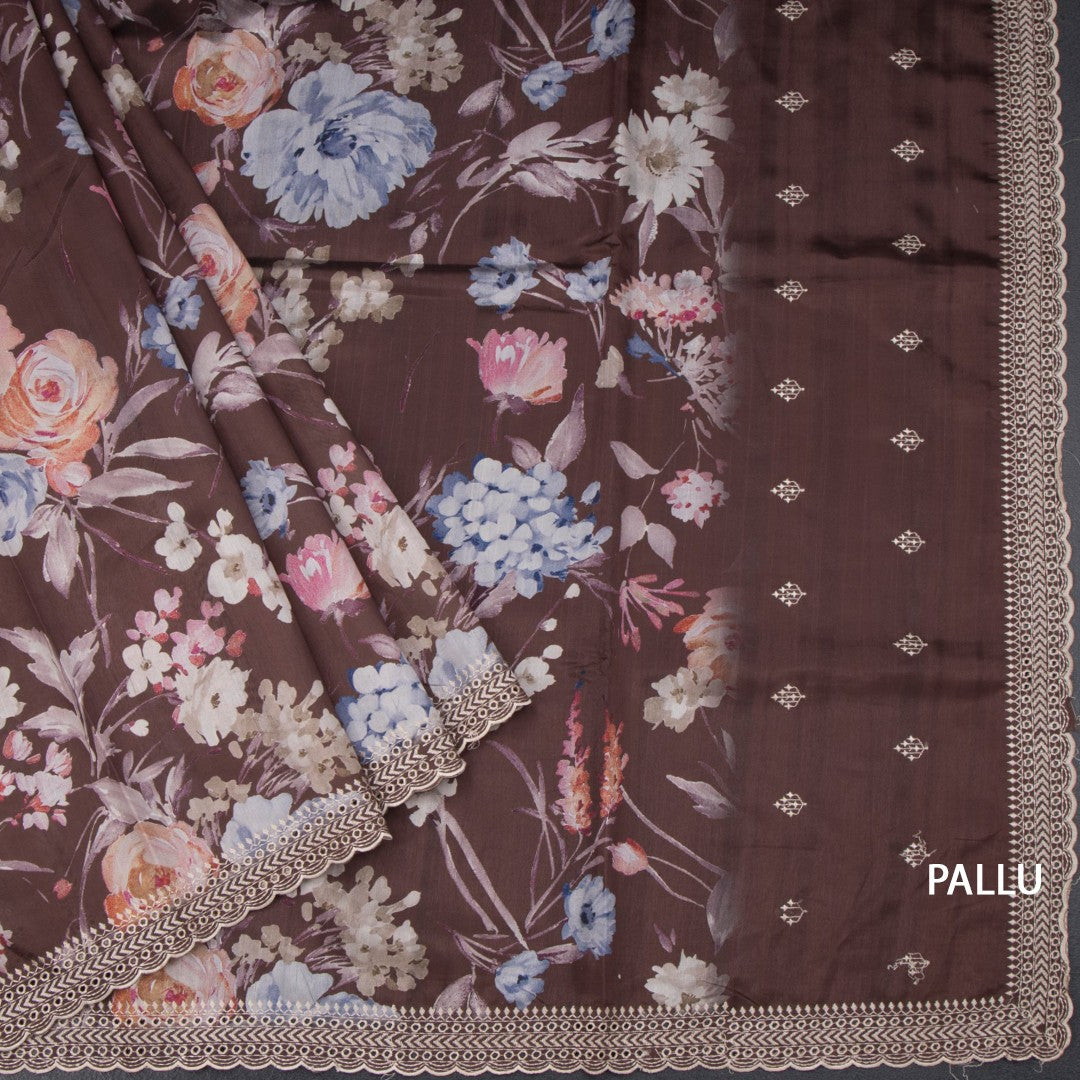 Raw Silk Dark Brown Floral Printed Saree And Thread Cut work Border