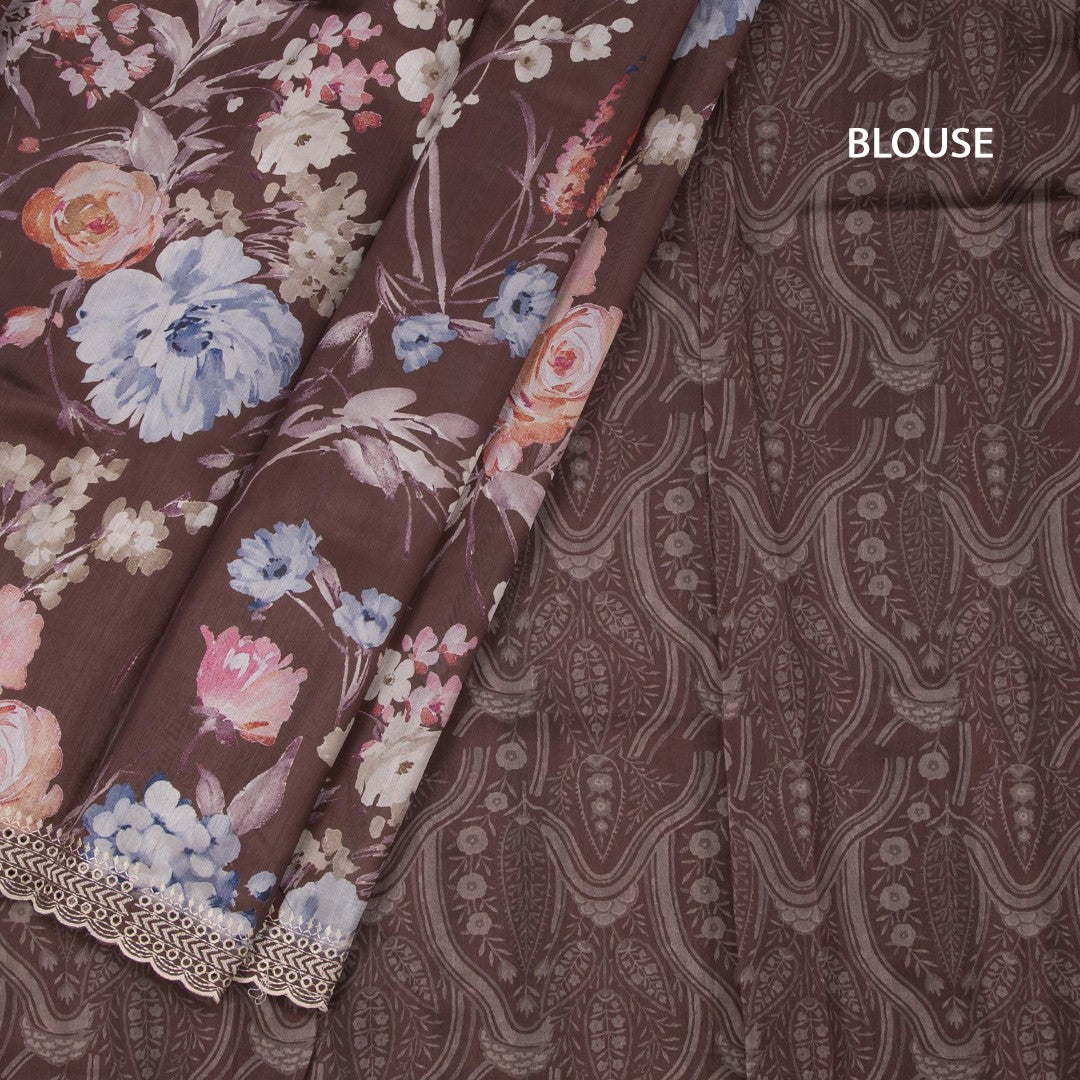 Raw Silk Dark Brown Floral Printed Saree And Thread Cut work Border