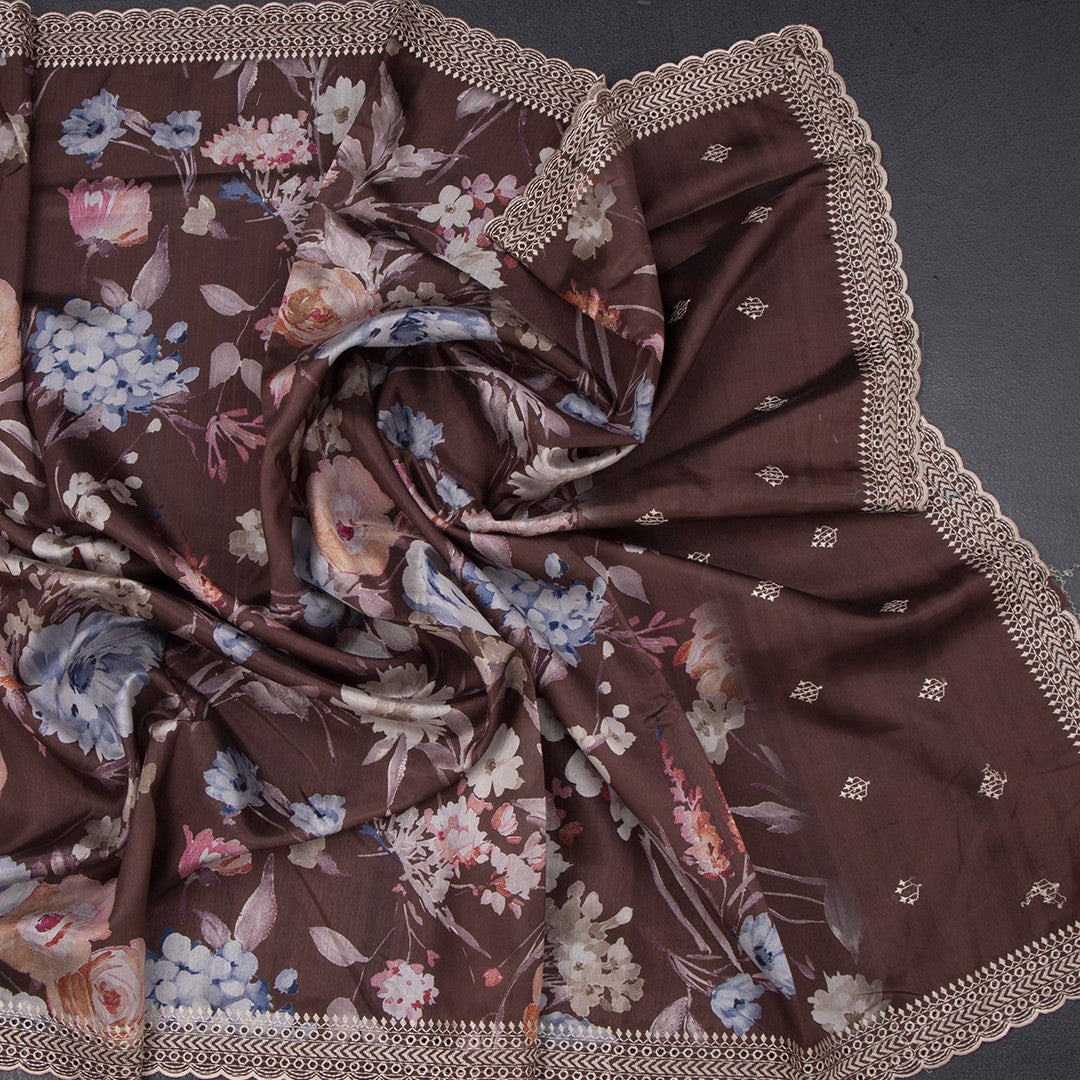 Dark brown raw silk saree with floral print and intricate thread cut work border, by Shriyara Life.