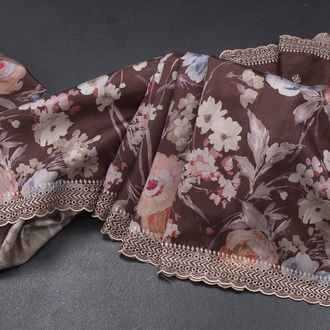 Raw Silk Dark Brown Floral Printed Saree And Thread Cut work Border