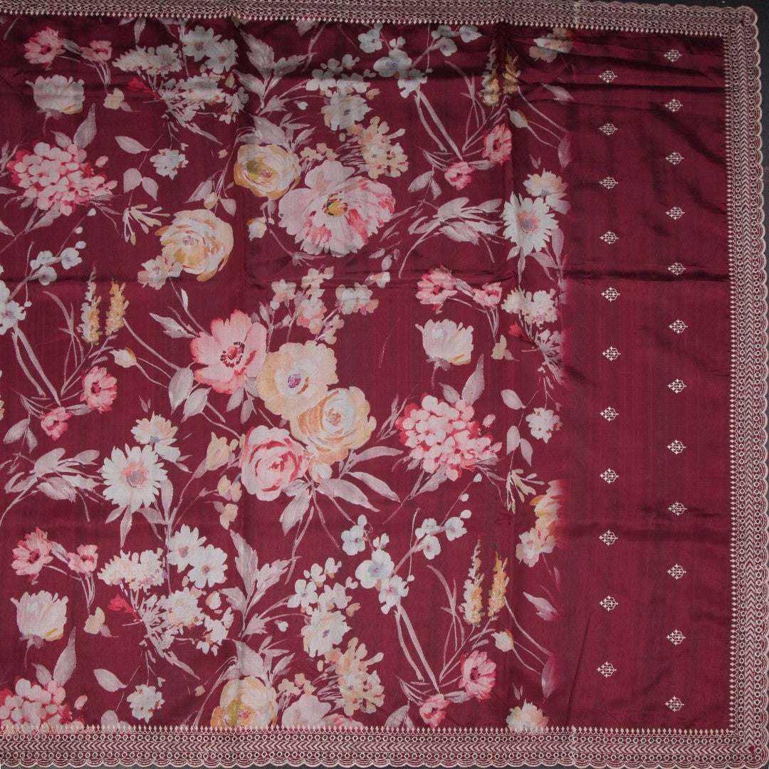 Raw Silk Maroon Floral Printed Saree And Thread Cut work Border
