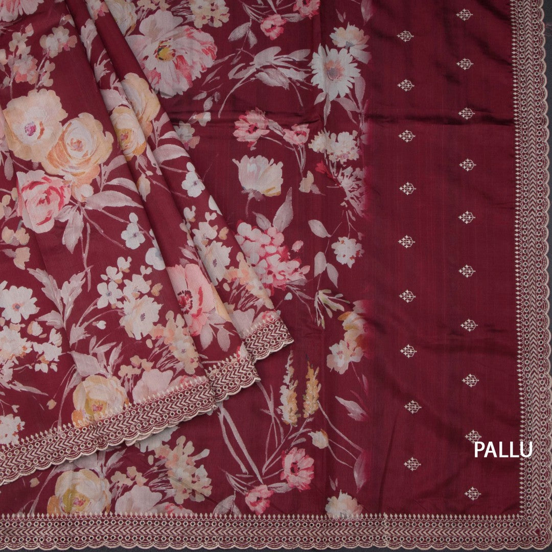 Raw Silk Maroon Floral Printed Saree And Thread Cut work Border