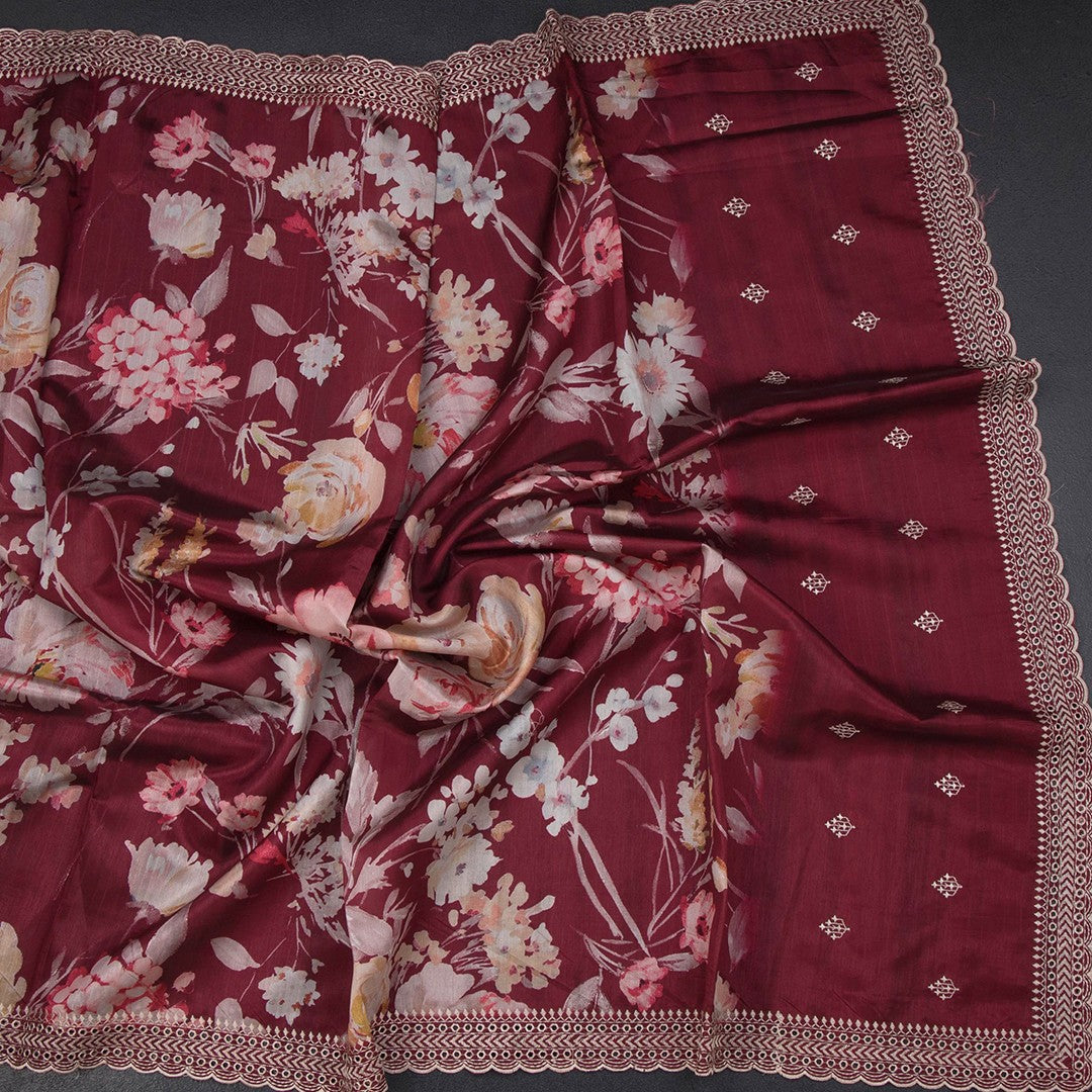 Raw silk maroon saree with floral print and intricate thread cut work border, by Shriyara Life.