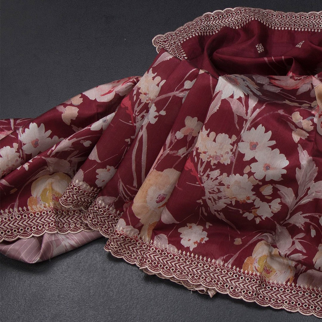 Raw Silk Maroon Floral Printed Saree And Thread Cut work Border