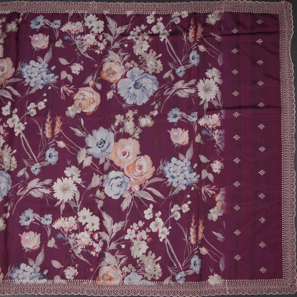 Raw Silk Mulberry Pink Floral Printed Saree And Thread Cut Work Border