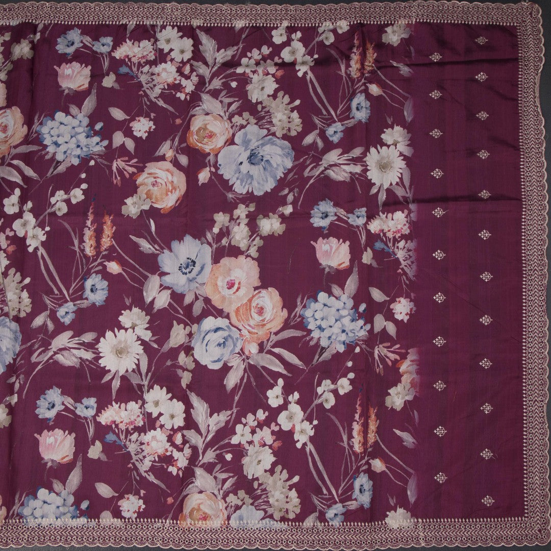 Raw Silk Mulberry Pink Floral Printed Saree And Thread Cut Work Border