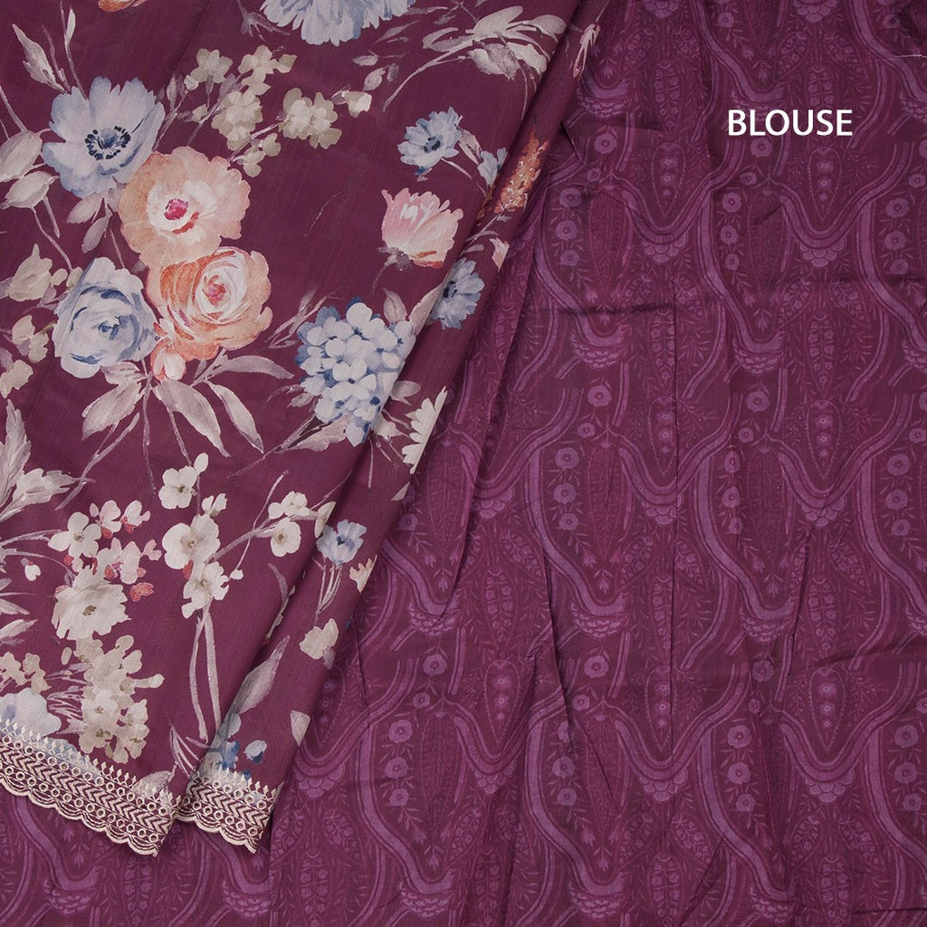 Raw Silk Mulberry Pink Floral Printed Saree And Thread Cut Work Border