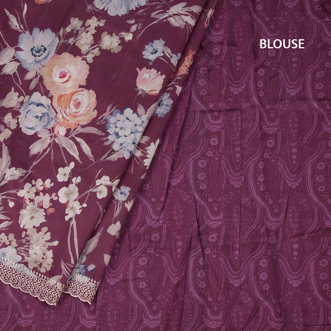 Raw Silk Mulberry Pink Floral Printed Saree And Thread Cut Work Border
