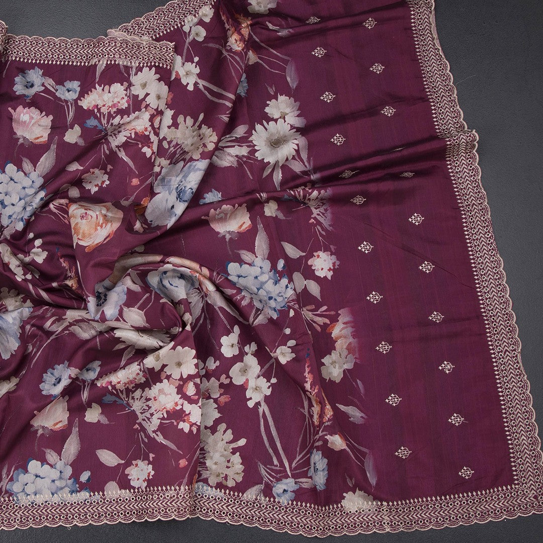 Pink floral printed raw silk saree with thread cut work border from Shriyara Life, showcasing elegant fabric and detailed design.