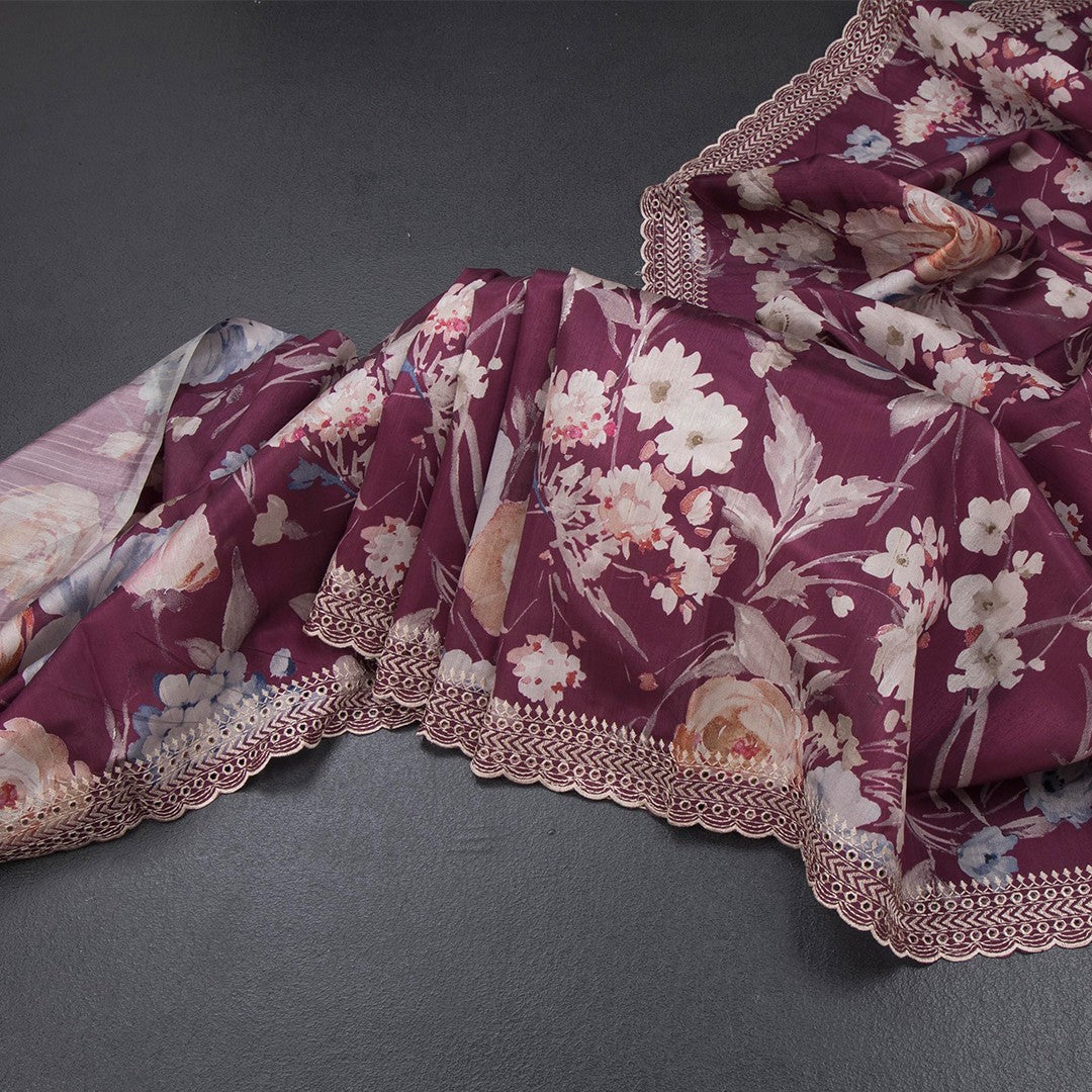 Raw Silk Mulberry Pink Floral Printed Saree And Thread Cut Work Border