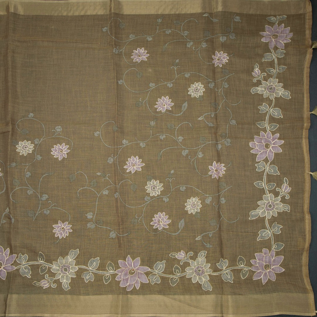 Linen Golden Brown Saree With Painted Zari Thread Work