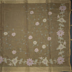 Linen Golden Brown Saree With Painted Zari Thread Work