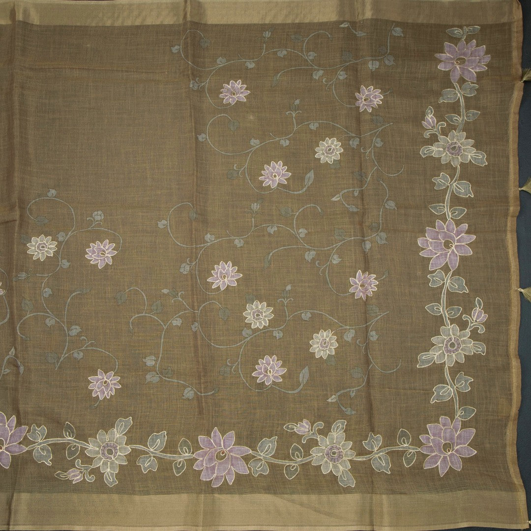 Linen Golden Brown Saree With Painted Zari Thread Work