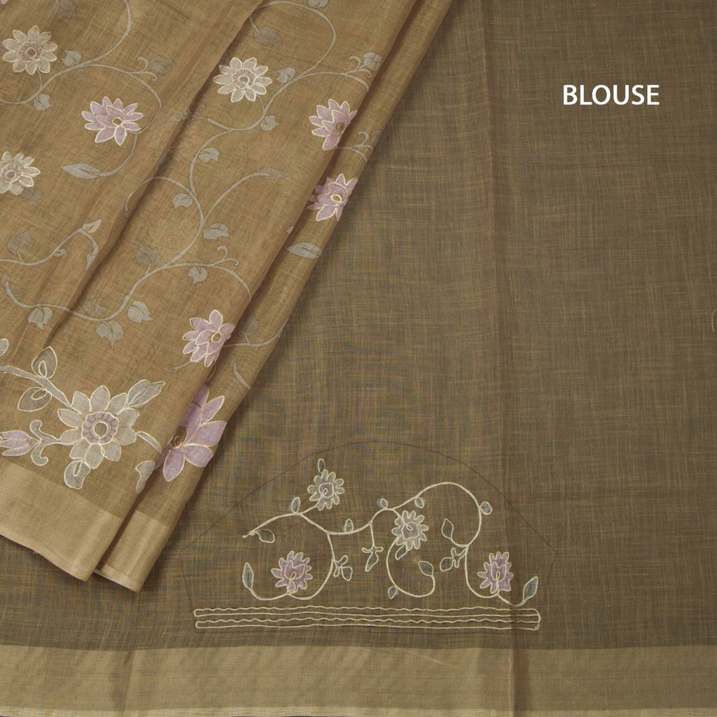 Linen Golden Brown Saree With Painted Zari Thread Work