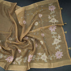 Linen golden brown saree with painted zari thread work, showcasing intricate embroidery and traditional design from Shriyara Life.