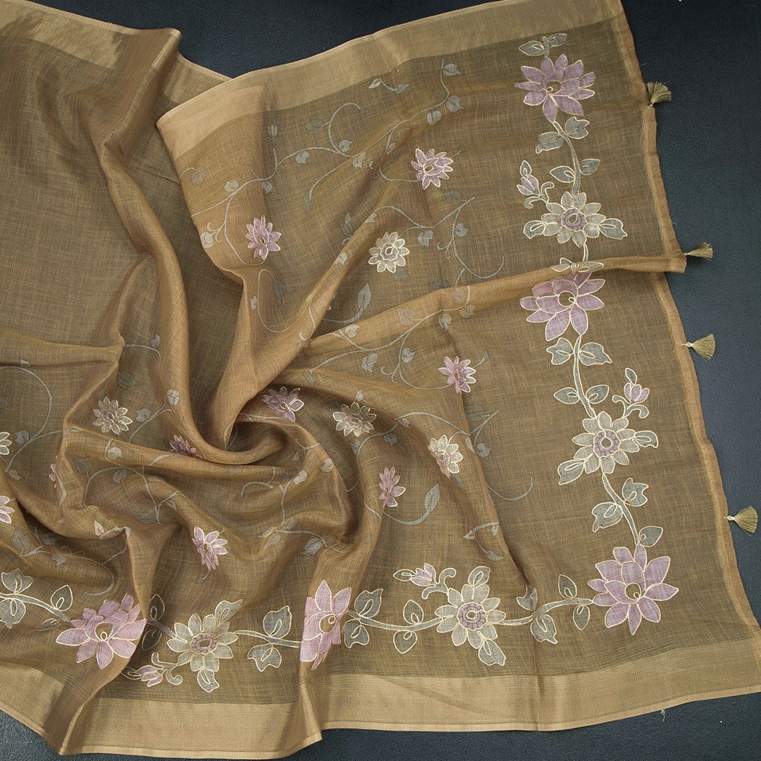 Linen golden brown saree with painted zari thread work, showcasing intricate embroidery and traditional design from Shriyara Life.