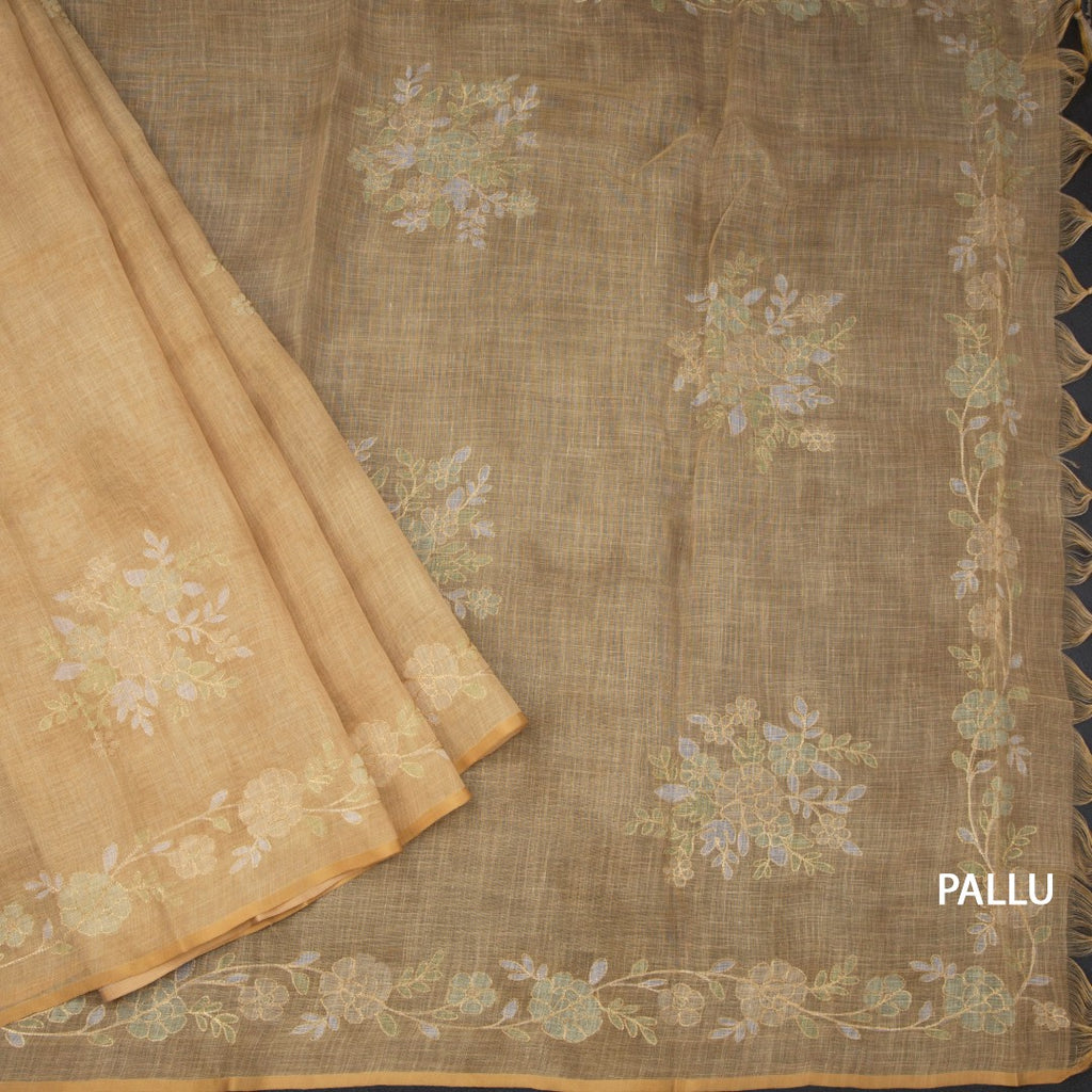 Linen Gold Saree Painted With Zari Thread Work
