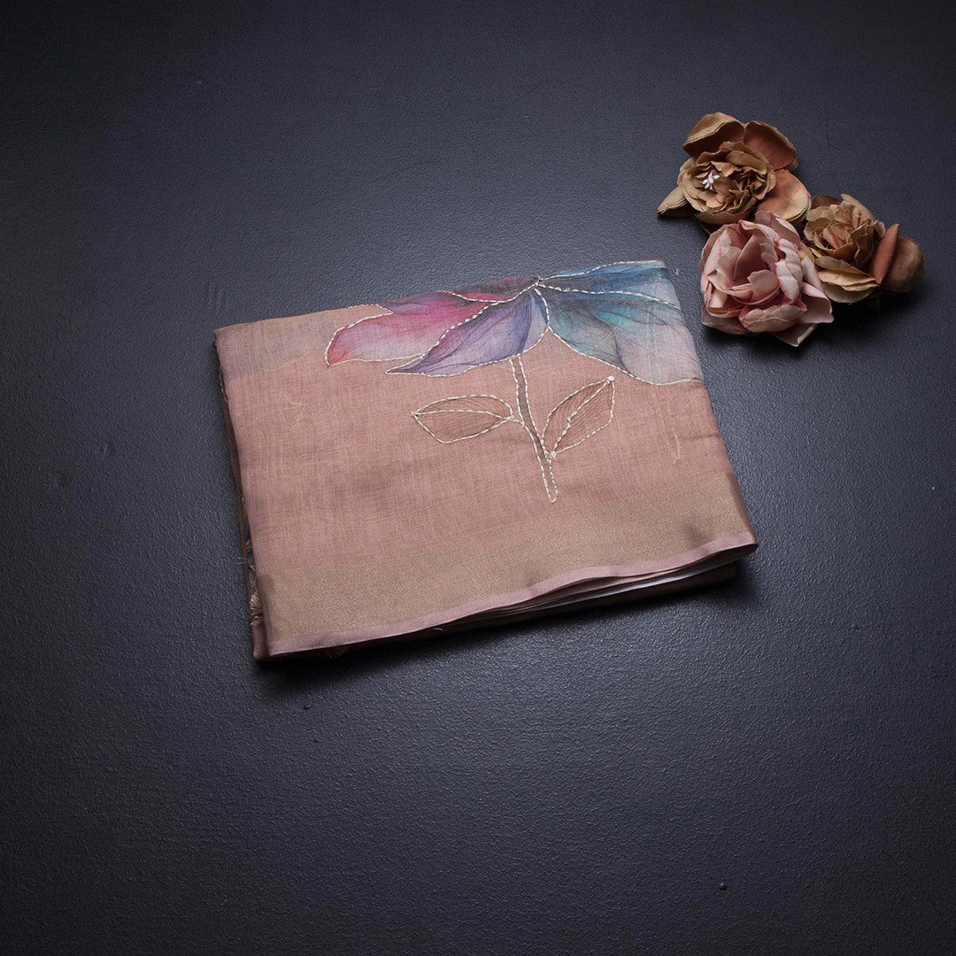 Linen Light Peach Floral Paint With Thread Work Saree