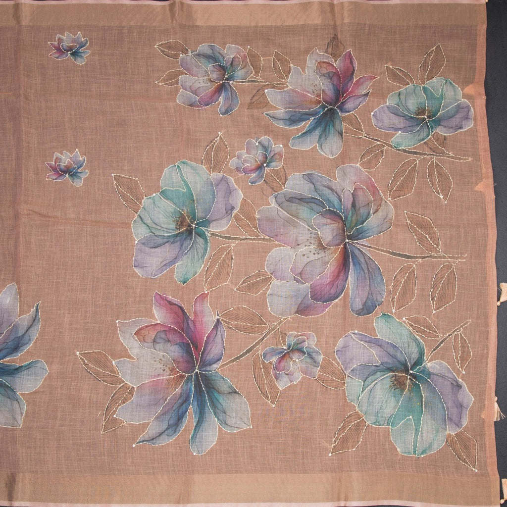 Linen Light Peach Floral Paint With Thread Work Saree