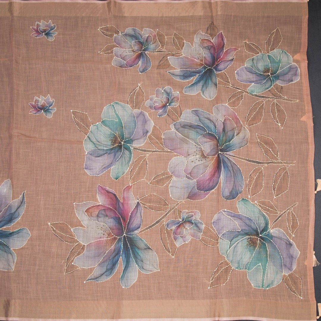 Linen Light Peach Floral Paint With Thread Work Saree