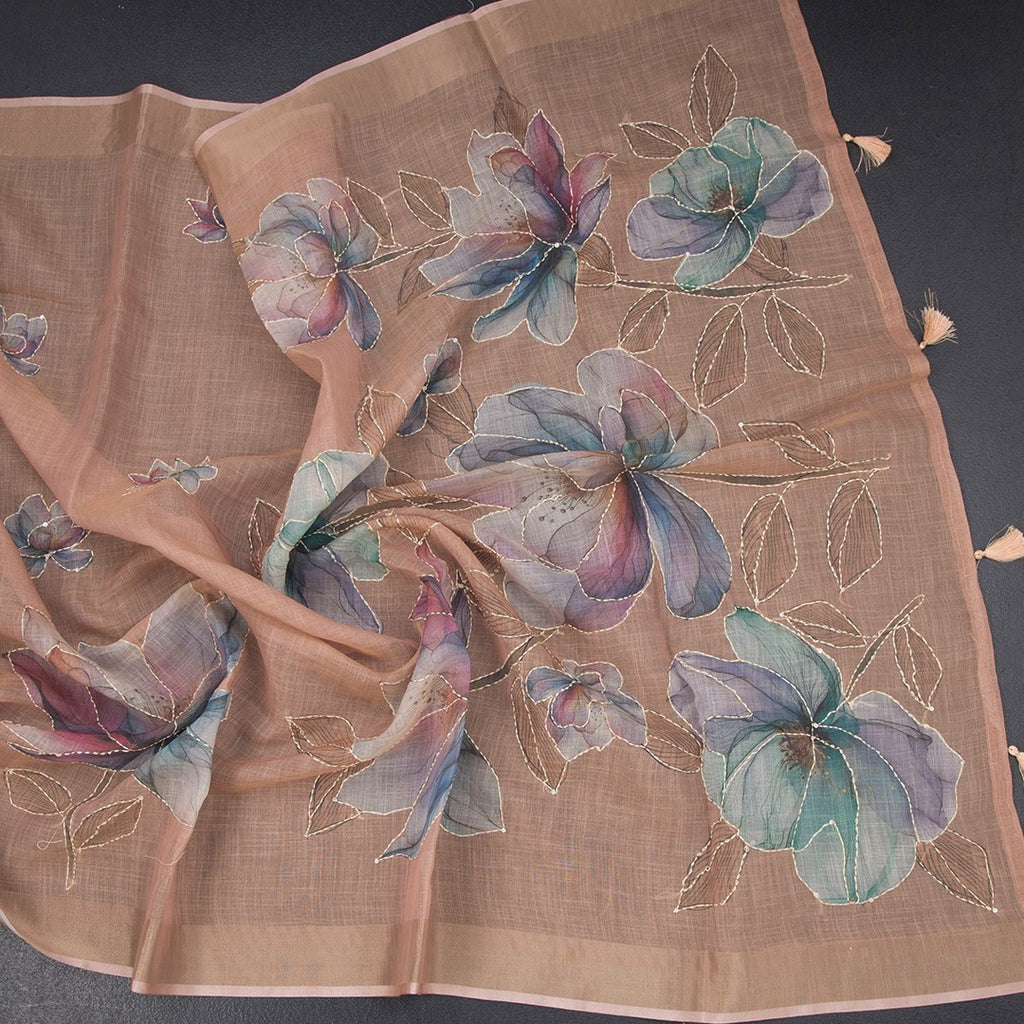 Linen light peach floral paint saree with intricate thread work, crafted by Shriyara Life, displayed on a mannequin.