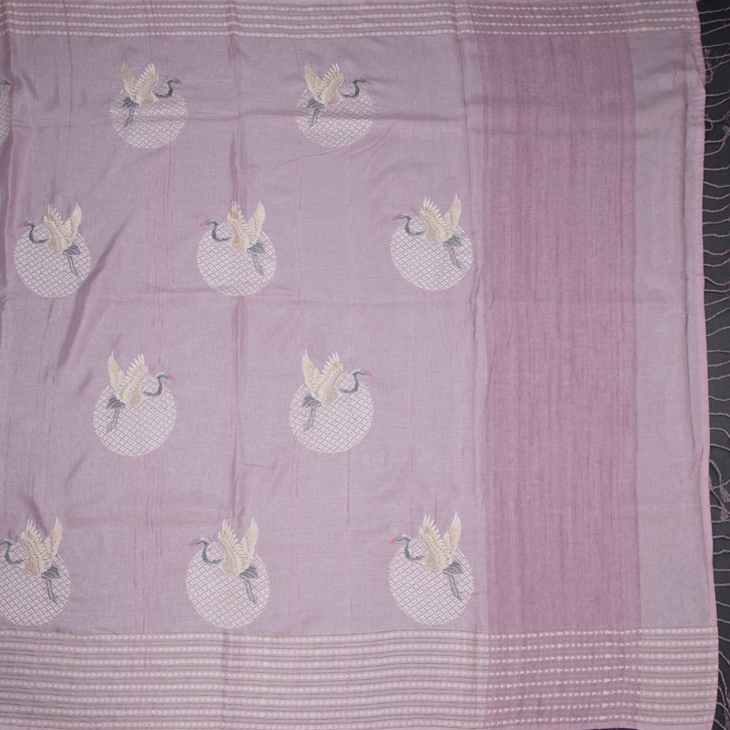 Raw Silk Light Lavender Thread Work Saree In Bird Design