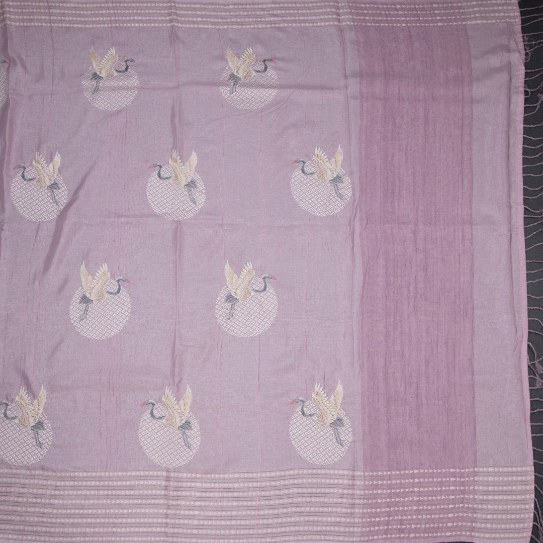 Raw Silk Light Lavender Thread Work Saree In Bird Design