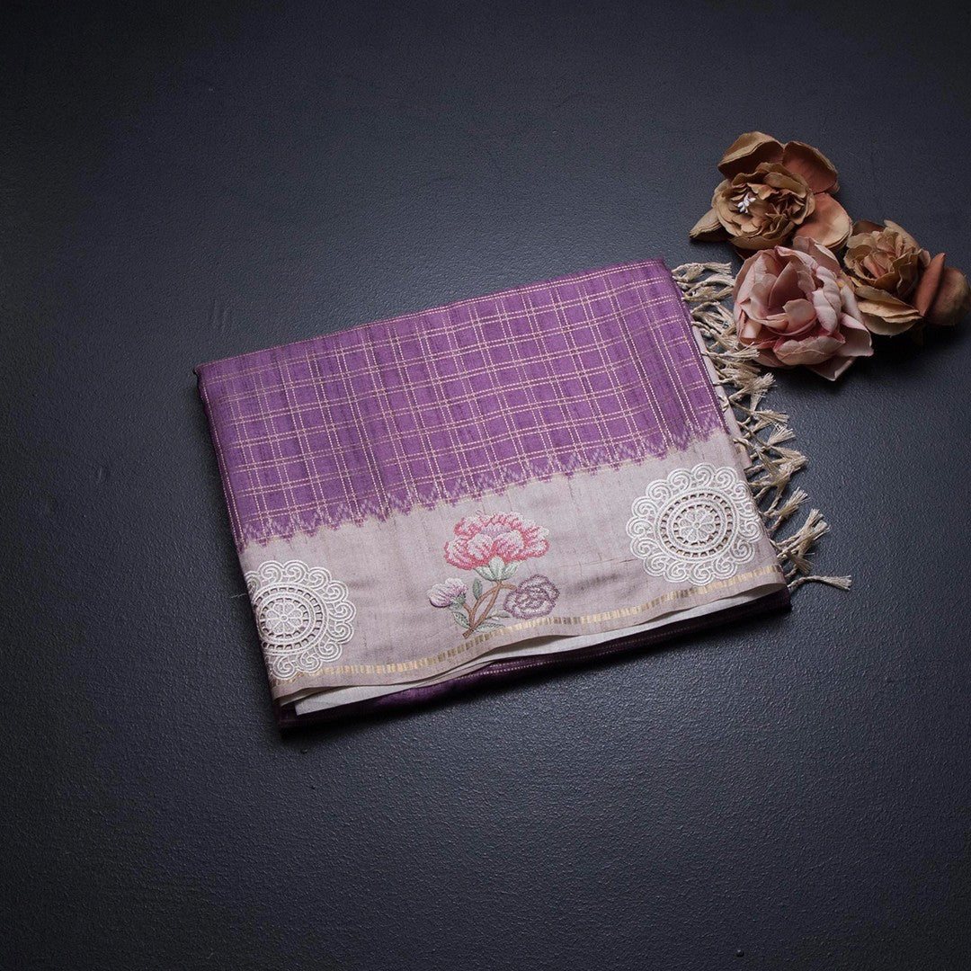 Raw Silk Plum Purple Zari Checked Saree And Thread Work Border