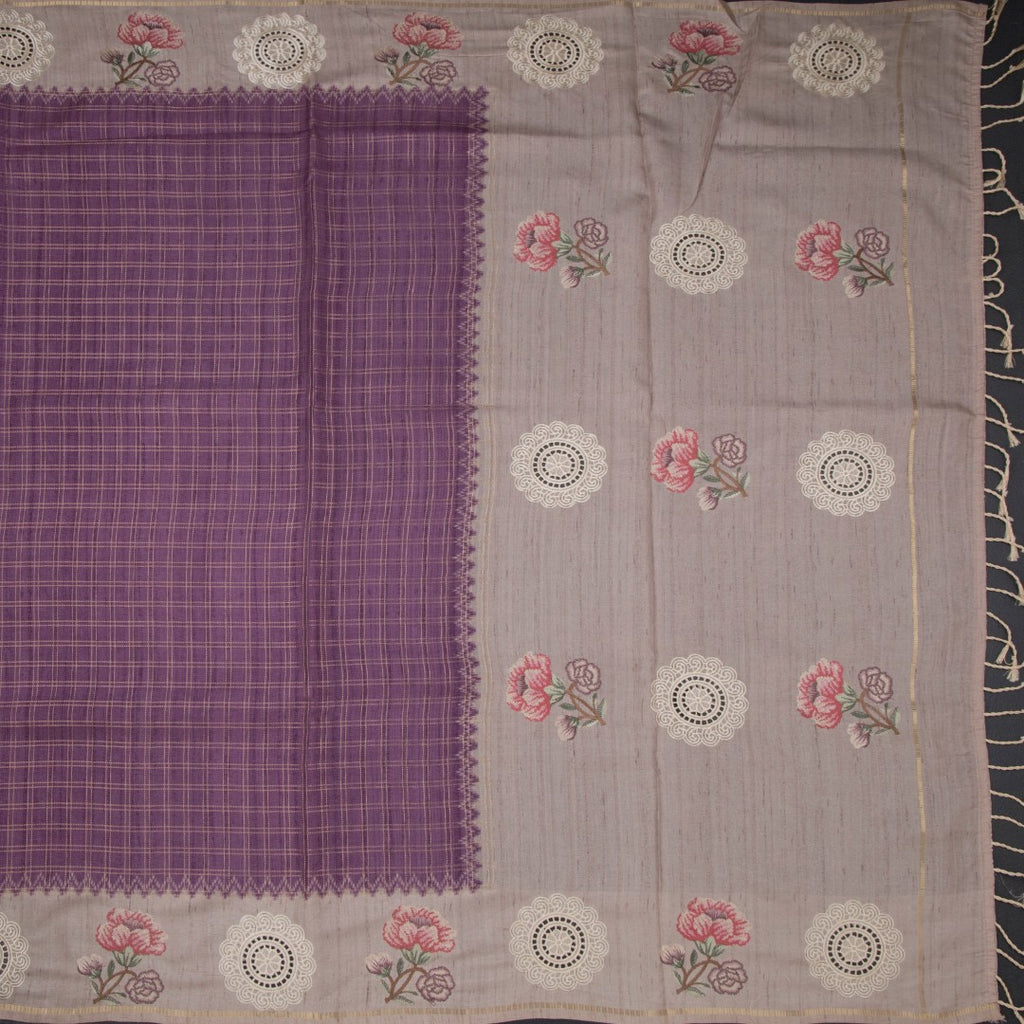 Raw Silk Plum Purple Zari Checked Saree And Thread Work Border