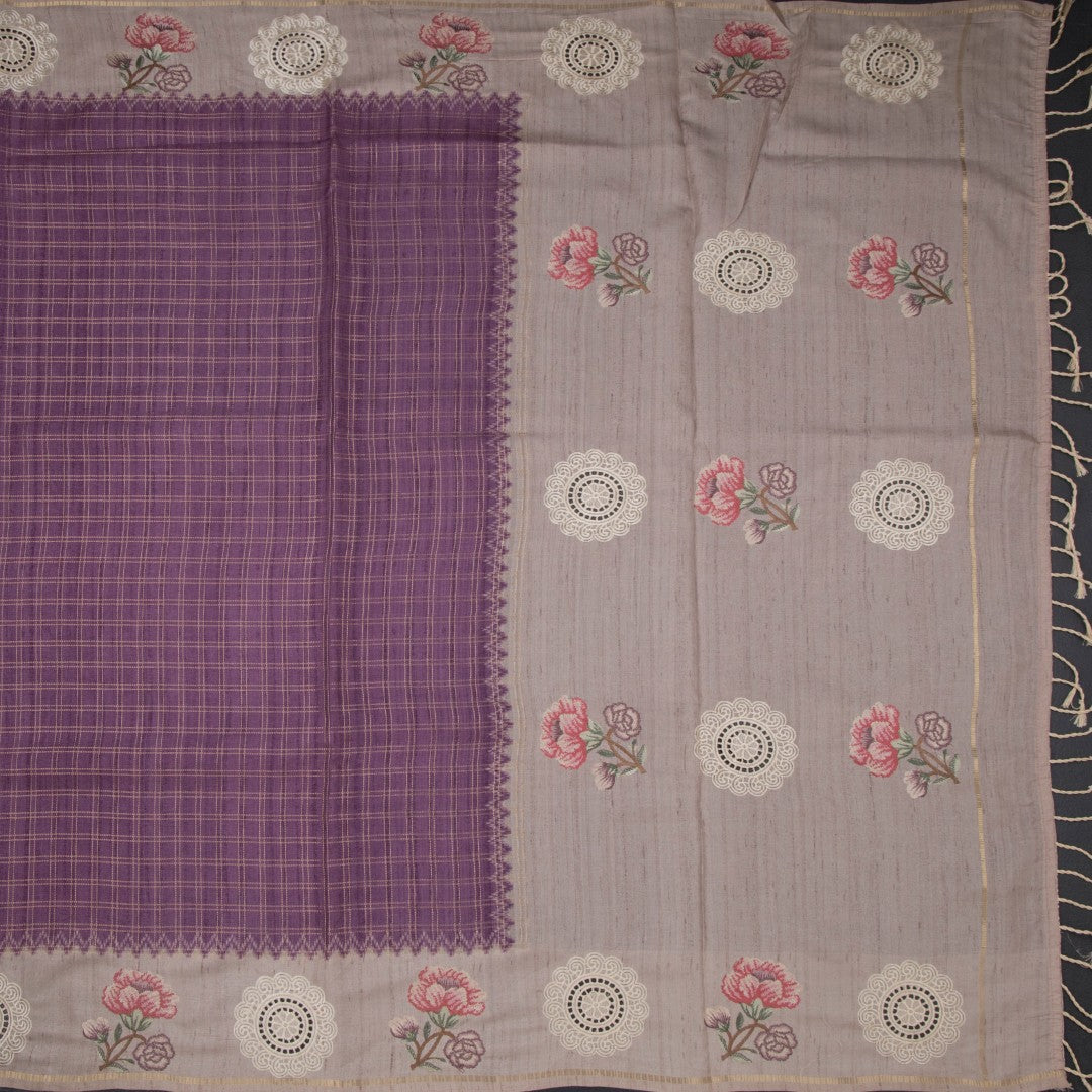Raw Silk Plum Purple Zari Checked Saree And Thread Work Border