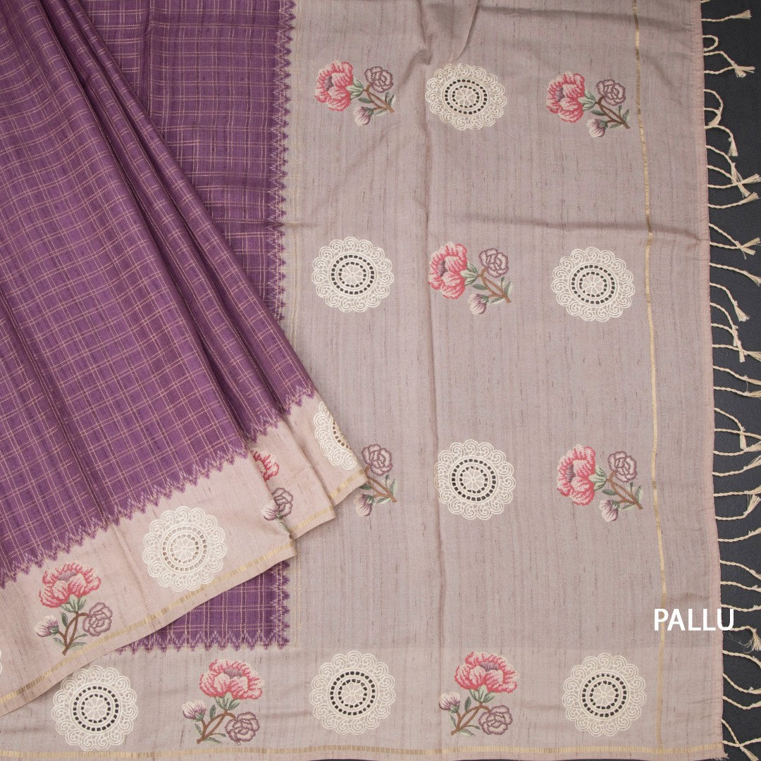 Raw Silk Plum Purple Zari Checked Saree And Thread Work Border