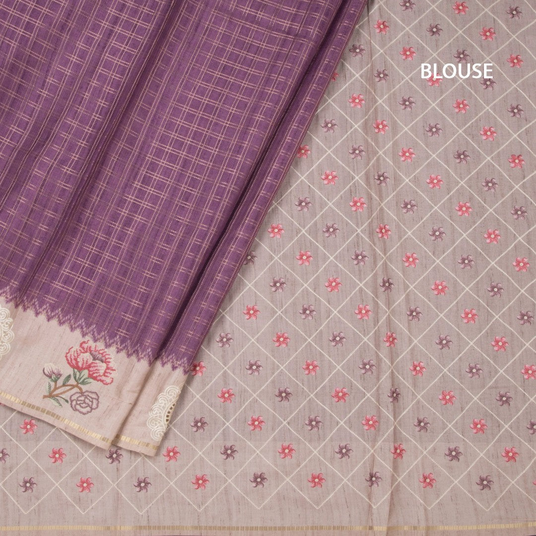 Raw Silk Plum Purple Zari Checked Saree And Thread Work Border