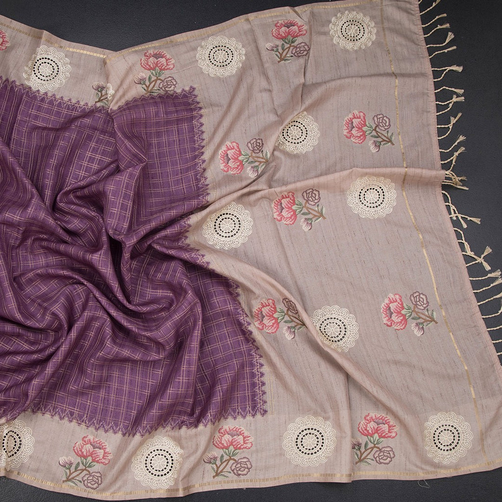 Raw silk plum purple saree with zari checked pattern and intricate thread work border, by Shriyara Life.