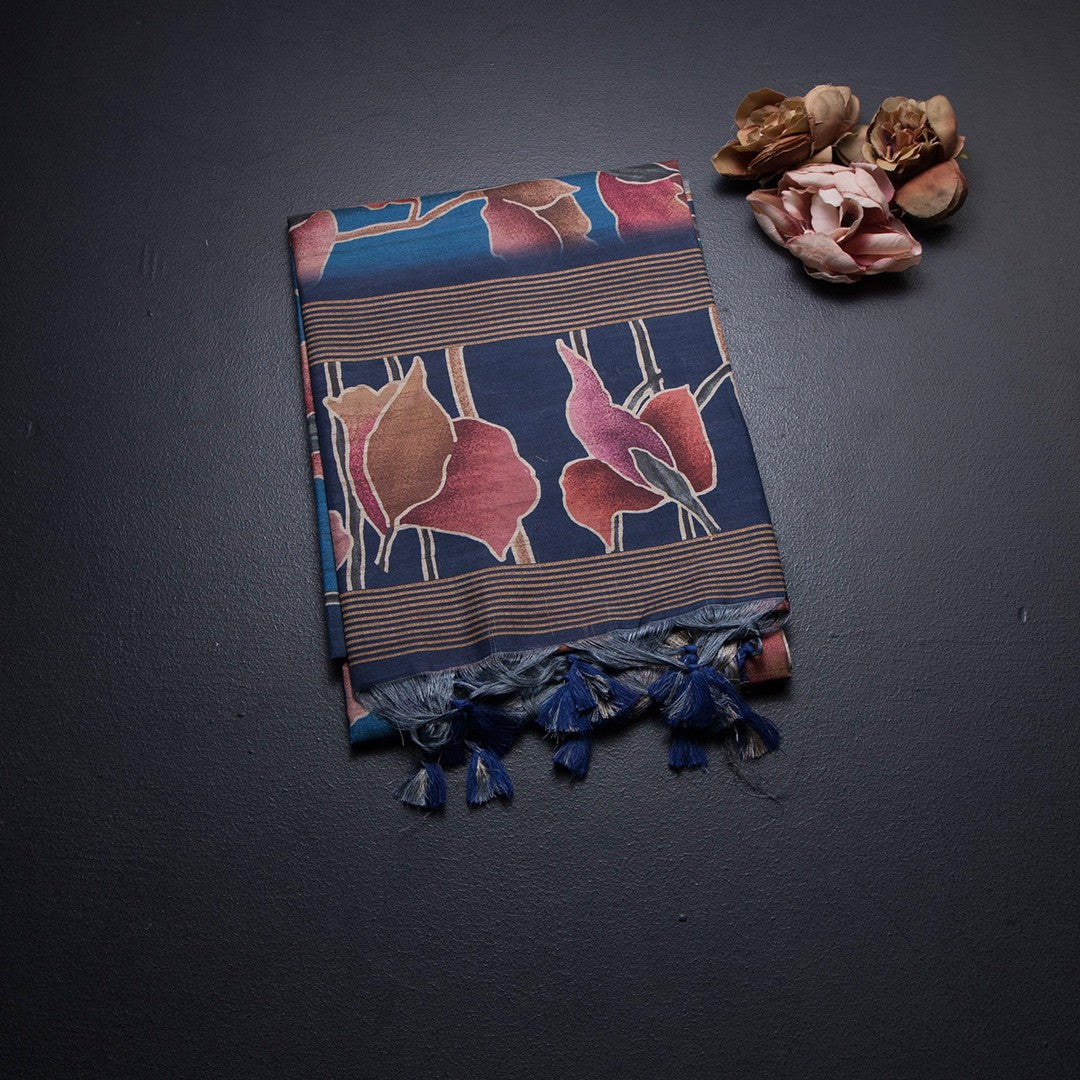 Raw Silk Blue Printed Saree And Zari Border 02